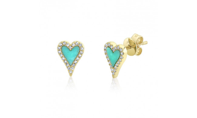 Shy Creation 14k Yellow Gold Diamond & Composite Turquoise Heart Stud Earrings - SC55019882
