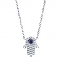 Shy Creation 14k White Gold Diamond & Blue Sapphire Hamsa Necklace - SC55005244