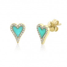 Shy Creation 14k Yellow Gold Diamond & Composite Turquoise Heart Stud Earrings - SC55019882