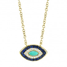 Shy Creation 14k Yellow Gold Diamond Blue Sapphire & Composite Turquoise Necklace - SC55002262